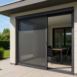 A modern retractable screen door leading to an outdoor patio with unobstructed views of greenery.