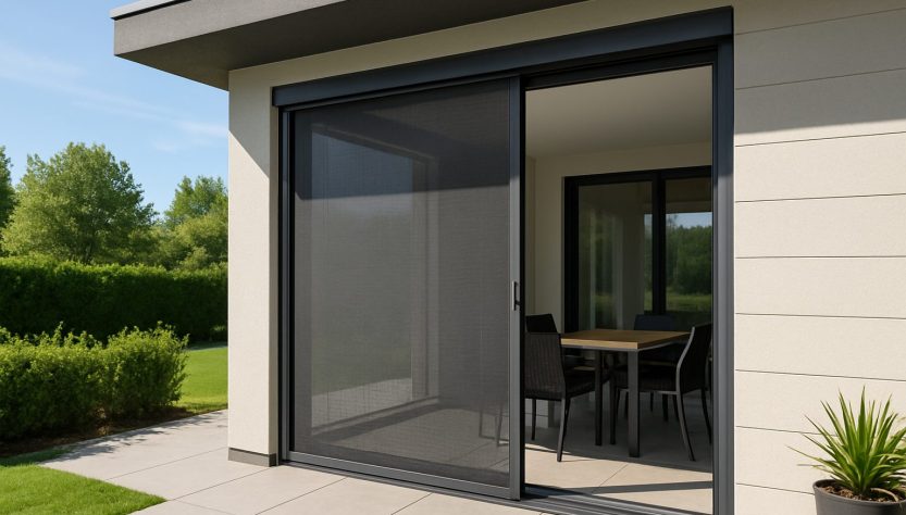 A modern retractable screen door leading to an outdoor patio with unobstructed views of greenery.