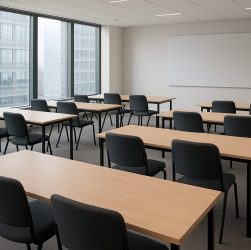 An empty conference room with rectangular tables and chairs arranged for a professional gathering.
