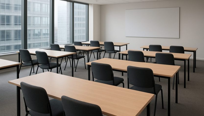 An empty conference room with rectangular tables and chairs arranged for a professional gathering.